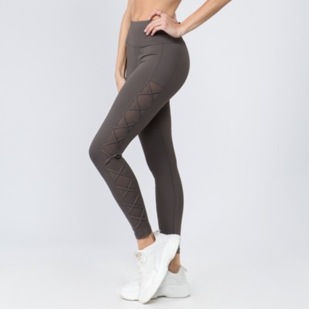 Active Lace-Up Mesh Side Workout Leggings-CHARCOAL
